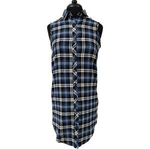 Sans Souci Blue Plaid Sleeveless Button Front Mini Shirt Dress Sz S